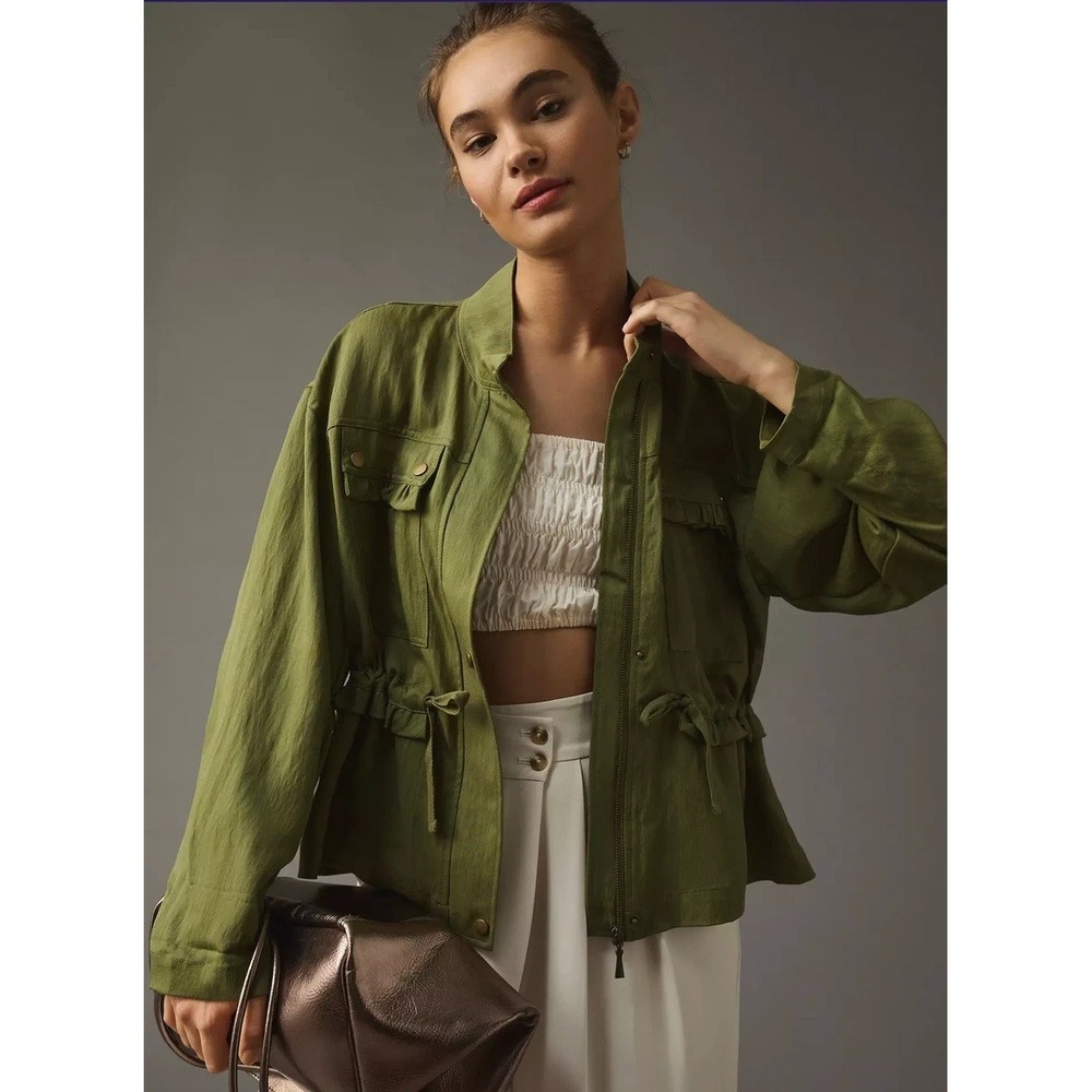 Anthropologie Green Utility Jacket Button Front Ruffle Hem Collared Canvas XS